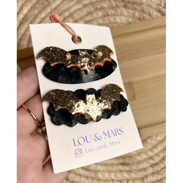 Barrettes chauve-souris halloween en simili cuir pailleté – set de 2 – fait main