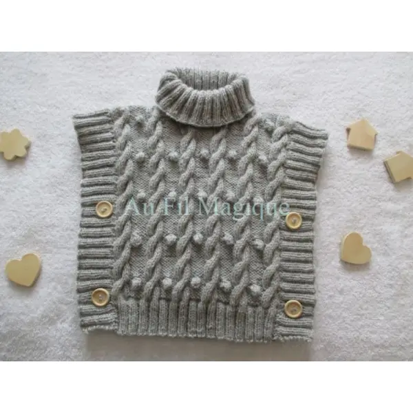 Poncho tricot laine couleur gris clair taille 2 ans