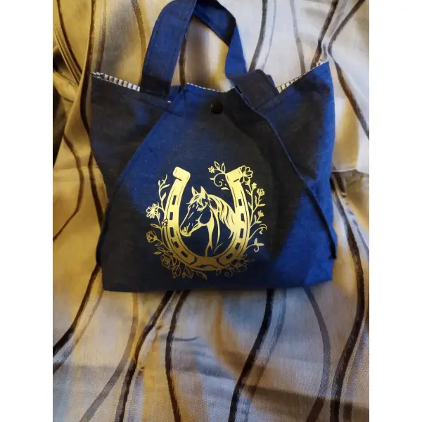 Sac fourre-tout en tissu enduit et flocage - motif cheval & fers à cheval - pièce artisanale