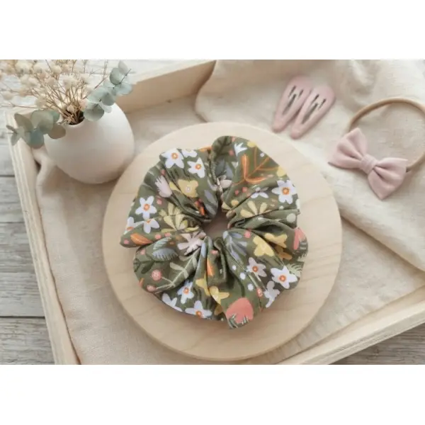 Chouchou fille coton kaki motifs fleurs