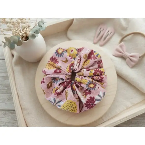 Chouchou fille coton rose saumon motifs fleurs