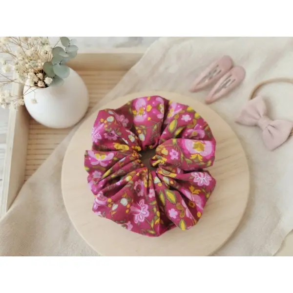 Chouchou fille coton fuchsia motifs fleurs roses