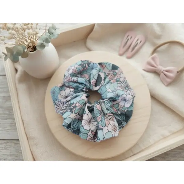 Chouchou fille coton vert turquoise motifs fleurs