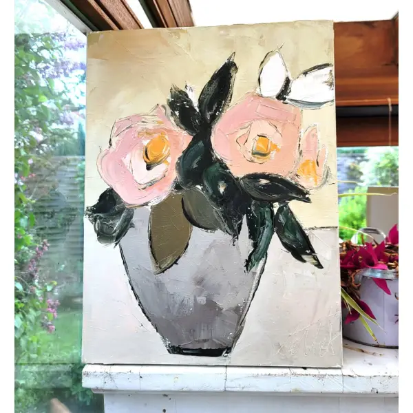 Peinture florale -les roses- huile au couteau sur toile de lin sur châssis ... : "la tendresse"