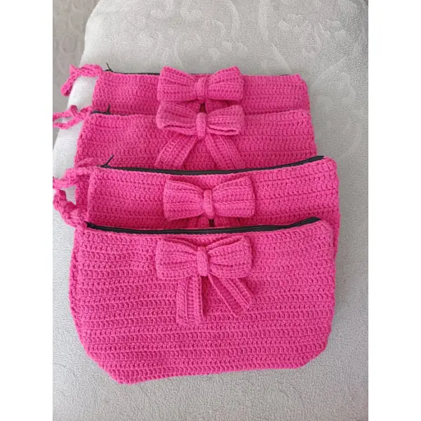 Trousse de maquillage au crochet rose avec nœud, fait main