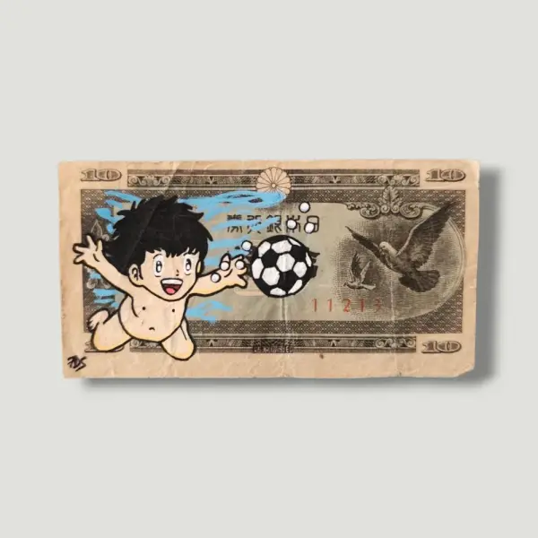Tableau pop art "never loose" - olive et tom (tsubasa) sur authentique billet japonais