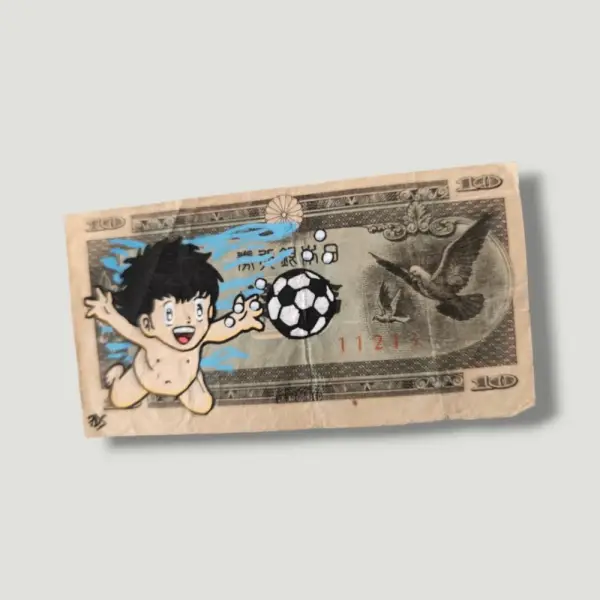Tableau pop art "never loose" - olive et tom (tsubasa) sur authentique billet japonais