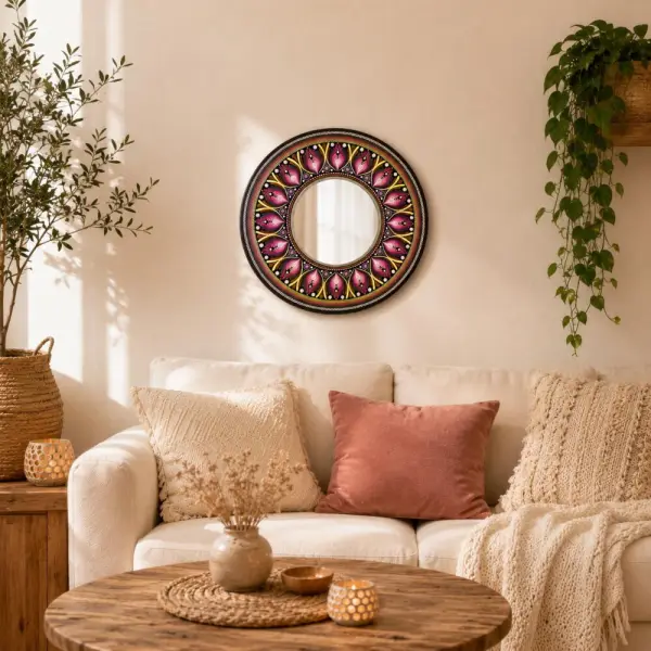 Miroir mandala peint à la main 40 cm – miroir mural décoratif en bois mdf