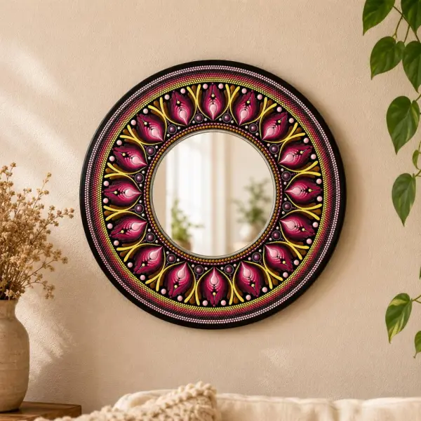 Miroir mandala peint à la main 40 cm – miroir mural décoratif en bois mdf