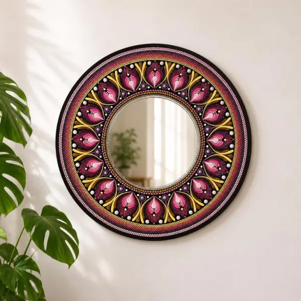Miroir mandala peint à la main 40 cm – miroir mural décoratif en bois mdf