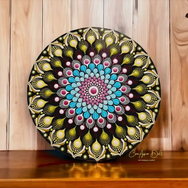 Tableau mandala mural 30 cm – turquoise, vert & prune – peint à la main