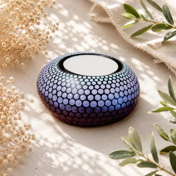 Bougeoir galet mandala bleu, violet & bordeaux – plâtre résine peint à la main