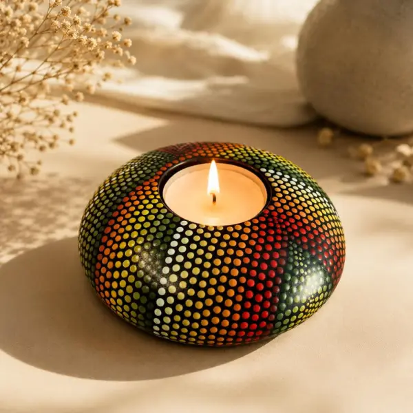 Bougeoir mandala en plâtre résine – vert, orange & rouge – peint à la main