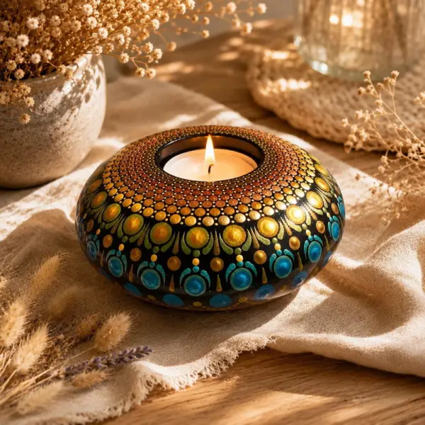 Bougeoir mandala en plâtre résine – bleu, doré & cuivré – peint à la main