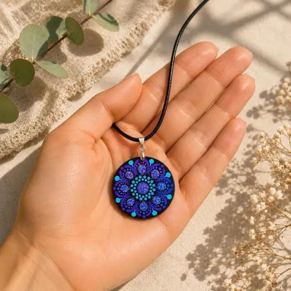 Collier mandala violet pailleté & bleu ciel en bois – peint à la main