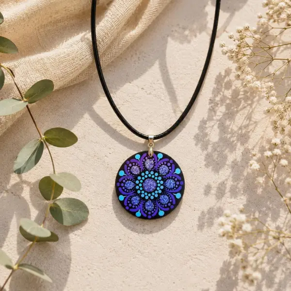 Collier mandala violet pailleté & bleu ciel en bois – peint à la main