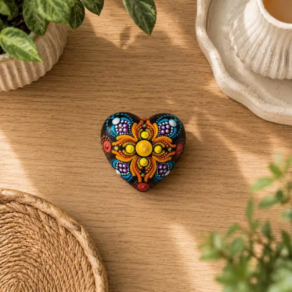 Petite pierre cœur mandala multicolore – peinte à la main – pièce unique