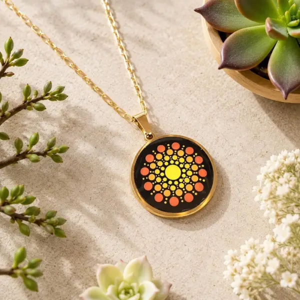 Collier mandala doré & orange en acier inoxydable – peint à la main
