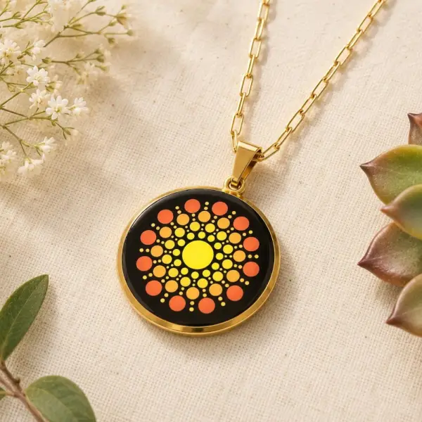 Collier mandala doré & orange en acier inoxydable – peint à la main