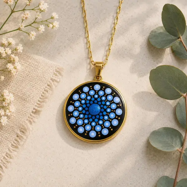 Collier mandala bleu métallisé & doré en acier inoxydable – peint à la main