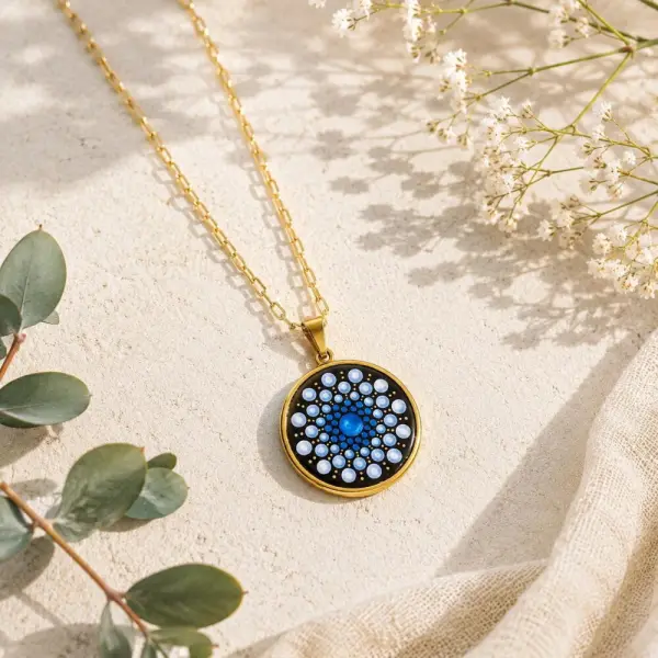 Collier mandala bleu métallisé & doré en acier inoxydable – peint à la main