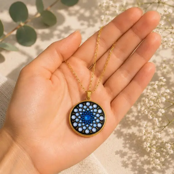 Collier mandala bleu métallisé & doré en acier inoxydable – peint à la main