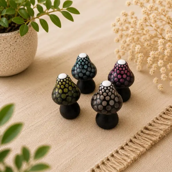 Lot de 4 mini champignons en bois – mandalas peints à la main