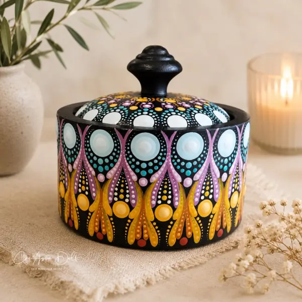 Boîte ronde en bois – mandala orange, rose & bleu peint à la main - boîte à bijoux