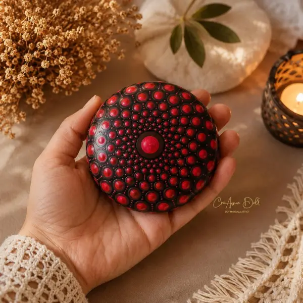 Pierre de méditation mandala rouge– peinte à la main – pièce unique