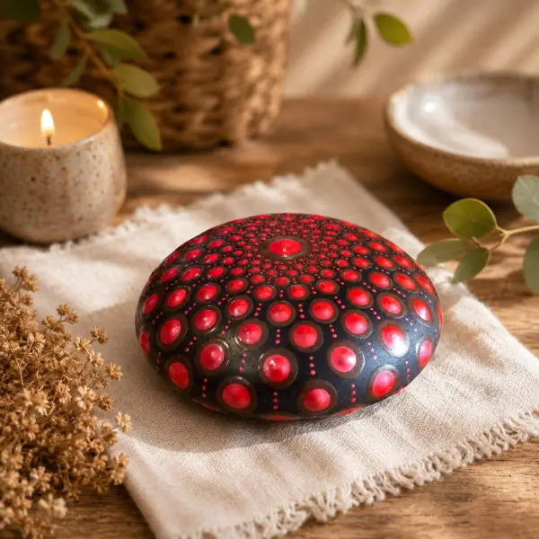 Pierre de méditation mandala rouge– peinte à la main – pièce unique