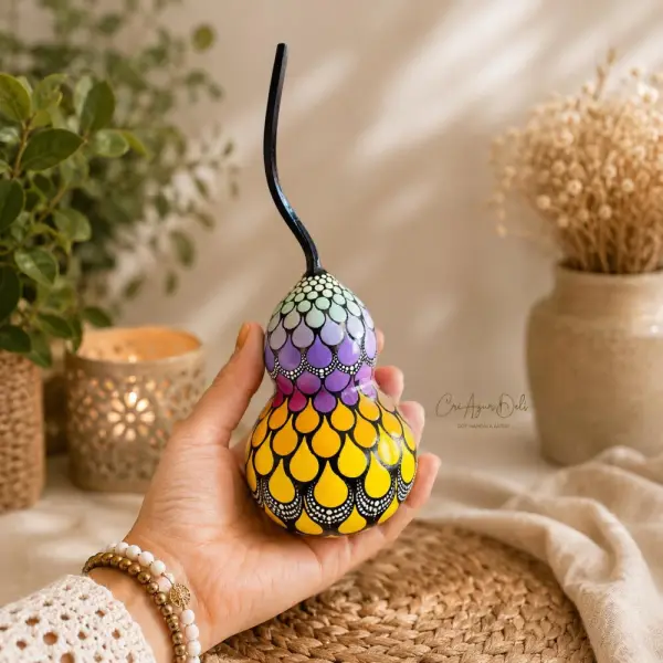 Calebasse naturelle décorative – mandala multicolore peint à la main