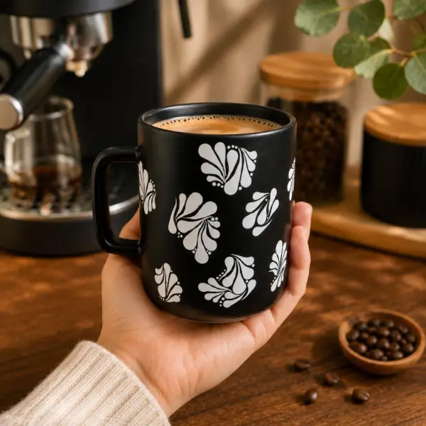 Mug en grès noir mat – mandala blanc peint à la main
