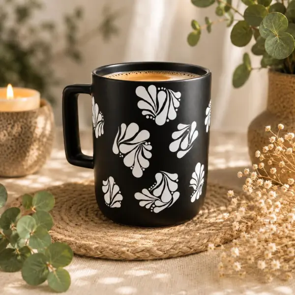 Mug en grès noir mat – mandala blanc peint à la main