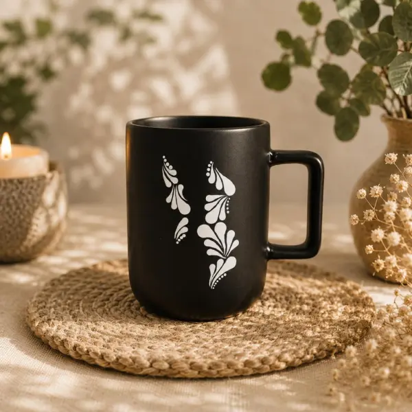 Mug en grès noir mat – mandala blanc peint à la main
