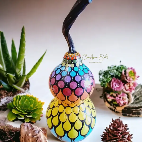 Calebasse naturelle décorative – mandala multicolore peint à la main