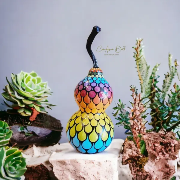 Calebasse naturelle décorative – mandala multicolore peint à la main