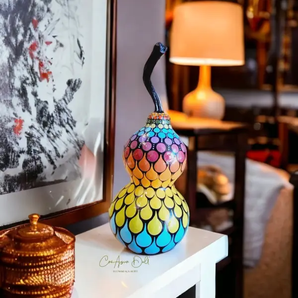 Calebasse naturelle décorative – mandala multicolore peint à la main