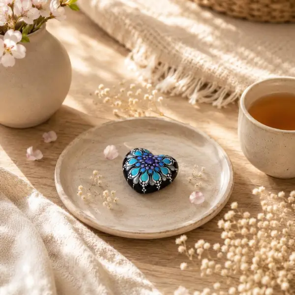 Petite pierre cœur mandala violet pailleté & bleu – peinte à la main