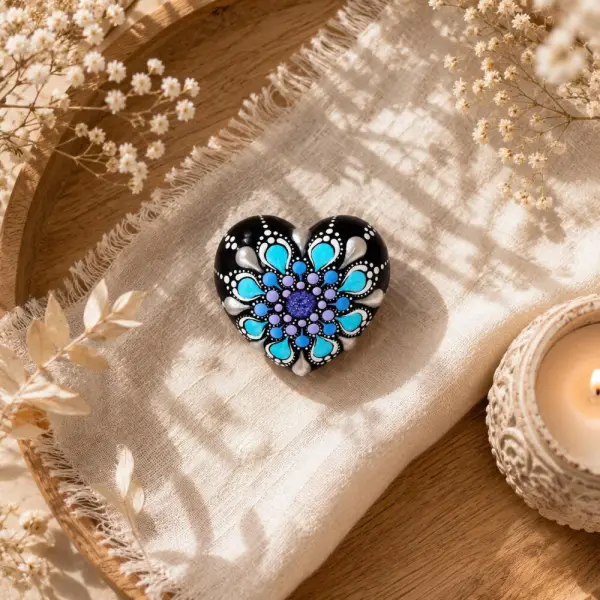 Petite pierre cœur mandala violet pailleté & bleu – peinte à la main