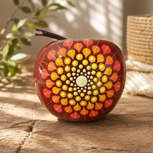 Pomme décorative terracotta – mandala orange, jaune & cuivré peint à la main