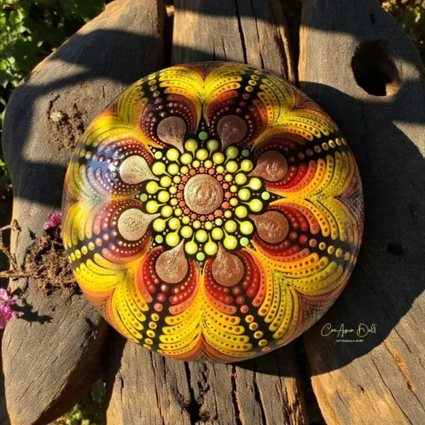 Pierre mandala orange, jaune, vert & cuivré – peinte à la main