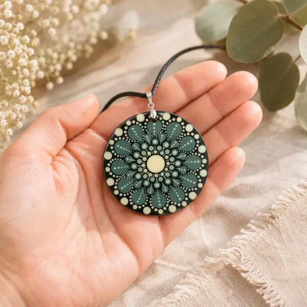 Collier mandala vert en bois – pendentif 5 cm peint à la main