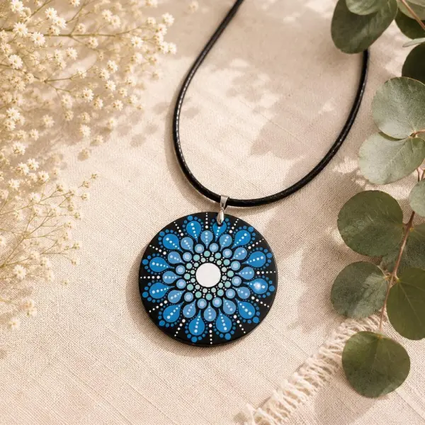 Collier mandala bleu et blanc en bois – pendentif 5 cm peint à la main