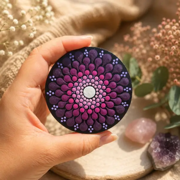 Miroir de poche en bois – mandala violet, prune & rose peint à la main