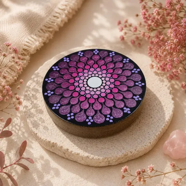 Miroir de poche en bois – mandala violet, prune & rose peint à la main