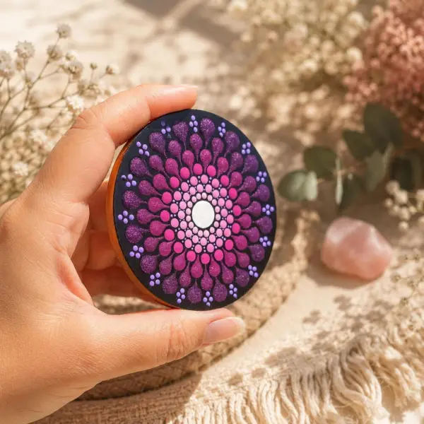 Miroir de poche en bois – mandala violet, prune & rose peint à la main