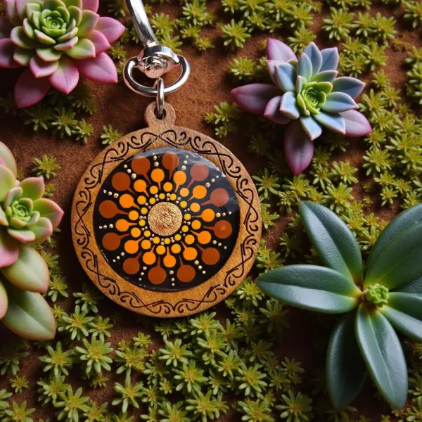 Porte-clés en bois mandala orange, marron & cuivré – peint à la main