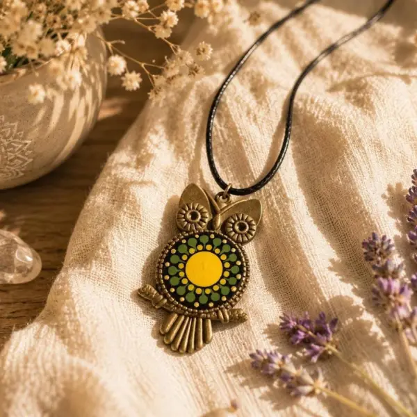 Collier hibou bronze avec mandala peint à la main – bijou bohème