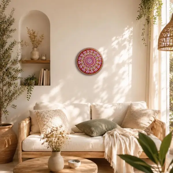 Tableau mandala en bois 40 cm – rose, prune & vert tendre avec strass – pièce unique
