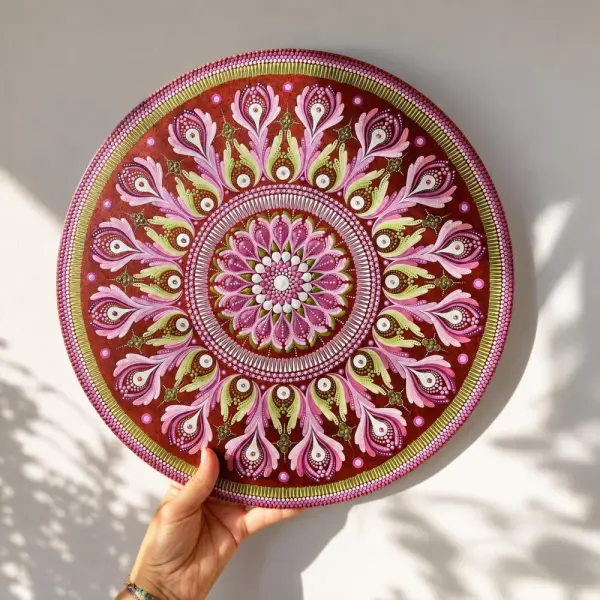 Tableau mandala en bois 40 cm – rose, prune & vert tendre avec strass – pièce unique